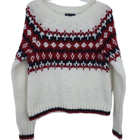 American Eagle Fair Isle Wool Sweater Medium Cream, Red, Blue, Nordic Winter Top - Picture 1 of 4